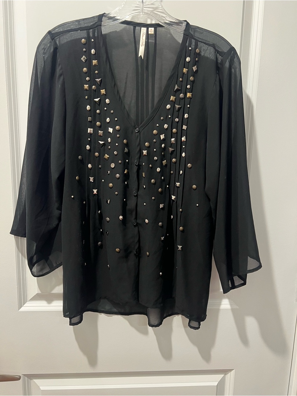 Petticoat Alley Black Sheer V-Neck Blouse with Stud Accents